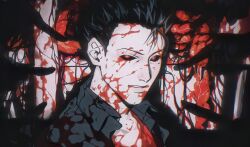 Rule 34 | 1boy, absurdres, black hair, black sclera, black shirt, blood, blood on chest, blood on clothes, blood on face, blood on wall, bright pupils, collared shirt, colored sclera, highres, looking at viewer, male focus, mob psycho 100, neige404, out of frame, parted lips, pointing, pointing at another, portrait, red eyes, shimazaki ryo, shirt, short hair, solo focus, spiked hair, white pupils