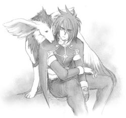 Rule 34 | 00s, 1boy, animal, artist request, bodysuit, cape, fingerless gloves, gloves, hair over one eye, kratos aurion, lowres, male focus, monochrome, noishe, short hair, simple background, sitting, sketch, solo, spiked hair, tales of (series), tales of symphonia