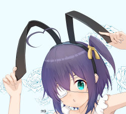 Rule 34 | 1girl, :o, absurdres, animal ears, arms up, artist name, chuunibyou demo koi ga shitai!, commentary request, eyepatch, fake animal ears, floral background, green eyes, hair ribbon, highres, medical eyepatch, one side up, open mouth, portrait, purple hair, rabbit ears, ribbon, sklt (swyt8223), solo, takanashi rikka, yellow ribbon