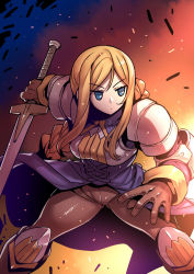Rule 34 | 1girl, agrias oaks, armor, blonde hair, blue eyes, braid, braided ponytail, breasts, closed mouth, final fantasy, final fantasy tactics, gloves, highres, knight, long hair, simple background, single braid, solo, sword, tukiwani, weapon