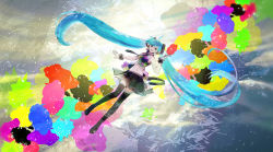 Rule 34 | 1girl, abstract background, alternate costume, aqua eyes, aqua hair, beamed quavers, chris4708, colorful, hatsune miku, highres, long hair, midriff, musical note, navel, necktie, open mouth, quaver, skirt, smile, solo, speech bubble, spoken musical note, tell your world (vocaloid), thighhighs, twintails, very long hair, vocaloid, zettai ryouiki