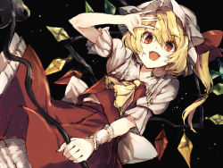 Rule 34 | 1girl, :d, ascot, blonde hair, crystal, fangs, flandre scarlet, hat, hat ribbon, hisona (suaritesumi), laevatein, looking at viewer, mob cap, open mouth, petticoat, puffy short sleeves, puffy sleeves, red eyes, red skirt, red vest, ribbon, short sleeves, side ponytail, skirt, skirt set, slit pupils, smile, solo, touhou, vest, wings, wrist cuffs