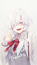 Rule 34 | 1girl, absurdres, fuyuhi tsukika, highres, jacket, jewelry, long sleeves, neck ribbon, non-web source, open clothes, open jacket, open mouth, original, ribbon, shirt, upper body, white background, white hair, white shirt