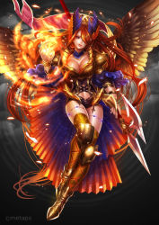 Rule 34 | 1girl, armor, breasts, coga, collarbone, female focus, gradient background, holding, holding weapon, jewelry, long hair, magic, orange hair, purple eyes, revenge of dragoon, solo, weapon, wings