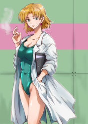 Rule 34 | 1girl, akagi ritsuko, artist request, blonde hair, breasts, cigarette, cleavage, earrings, expressionless, green eyes, green one-piece swimsuit, hand in pocket, holding, holding cigarette, jewelry, lab coat, large breasts, lips, looking at viewer, mole, mole under eye, neon genesis evangelion, one-piece swimsuit, shiny skin, short hair, smoking, solo, standing, swimsuit, wall