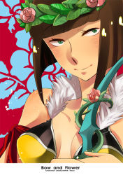 Rule 34 | 1girl, armband, black shirt, blunt bangs, blush, bob cut, bow (weapon), breasts, brown hair, character name, closed mouth, commentary request, copyright name, flower, fur-trimmed shirt, fur trim, green eyes, head wreath, holding, holding bow (weapon), holding weapon, looking at viewer, medium breasts, otsuki (tm3n), pink flower, ragnarok online, rose, shirt, short hair, sleeveless, sleeveless shirt, smile, sniper (ragnarok online), solo, thorns, two-tone shirt, upper body, weapon, yellow shirt