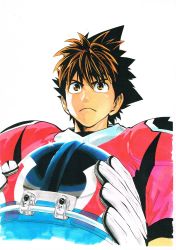 Rule 34 | 1boy, american football helmet, american football uniform, brown eyes, brown hair, cleaned, closed mouth, eyeshield 21, foreshortening, gloves, hair between eyes, helmet, highres, holding, holding helmet, kobayakawa sena, male focus, murata yuusuke, official art, red shirt, scan, serious, shirt, shoulder pads, simple background, solo, spiked hair, sportswear, traditional media, upper body, white background