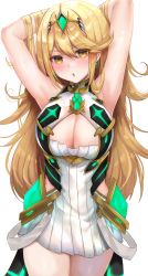 Rule 34 | 1girl, absurdres, asada sadao, bare shoulders, blonde hair, breasts, chest jewel, cleavage, cleavage cutout, clothing cutout, dress, earrings, elbow gloves, gloves, highres, jewelry, large breasts, long hair, mythra (xenoblade), short dress, solo, swept bangs, tiara, very long hair, white dress, white gloves, xenoblade chronicles (series), xenoblade chronicles 2, yellow eyes