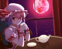 Rule 34 | 1girl, ascot, blue hair, brooch, chair, cup, dress, full moon, hat, hat ribbon, jewelry, looking at viewer, mob cap, moon, moonlight, negishio, night, petals, pink dress, puffy short sleeves, puffy sleeves, red eyes, red moon, remilia scarlet, ribbon, short sleeves, sitting, smile, solo, table, teacup, teapot, touhou, window, wrist cuffs