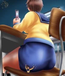 Rule 34 | 2girls, absurdres, ass, blush, breasts, brown hair, cellphone, chair, corpse party, desk, from behind, from below, giant, giantess, highres, huge ass, kogochew, large breasts, mini person, minigirl, multiple girls, nakashima naomi, phone, school uniform, shinohara seiko, shiny clothes, short hair, sideboob, sitting, sitting on person, skirt, smile