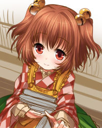 Rule 34 | 1girl, apron, bell, blush, book, hugging book, brown hair, hair bell, hair ornament, holding, holding book, japanese clothes, kei kei, kimono, long sleeves, motoori kosuzu, hugging object, red eyes, smile, solo, touhou, two side up, wide sleeves