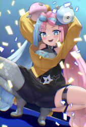 Rule 34 | 1girl, arms up, blue eyes, blue hair, blush, boots, breasts, cameltoe, character hair ornament, commentary request, creatures (company), dantahi01, eyelashes, game freak, grey footwear, grey pantyhose, grey shirt, hair ornament, highres, iono (pokemon), jacket, long hair, looking at viewer, medium breasts, multicolored hair, nintendo, open mouth, pantyhose, pink hair, pokemon, pokemon sv, sharp teeth, shirt, single leg pantyhose, sleeveless, sleeveless shirt, solo, spread legs, squatting, teeth, tongue, twintails, two-tone hair, yellow jacket