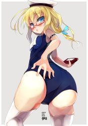 Rule 34 | 10s, 1girl, ass, bad id, bad pixiv id, blonde hair, book, glasses, hat, i-8 (kancolle), kantai collection, long hair, one-piece swimsuit, peaked cap, personification, salamander (hop-step), school swimsuit, solo, swimsuit, thighhighs, twintails, white thighhighs