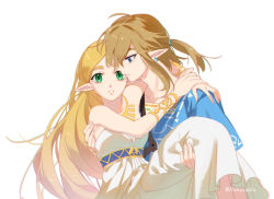 Rule 34 | 1boy, 1girl, arms around neck, bare shoulders, blonde hair, blue eyes, blue tunic, bracer, breasts, carrying, dress, earrings, gold necklace, green eyes, hair between eyes, highres, jewelry, link, long dress, long hair, looking at another, looking at viewer, low ponytail, medium breasts, medium hair, namazuoku, necklace, nintendo, parted bangs, parted lips, pointy ears, princess carry, princess zelda, sidelocks, strapless, strapless dress, the legend of zelda, the legend of zelda: breath of the wild, triforce, twitter username, upper body, white background, white dress
