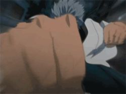 Rule 34 | abs, animated, animated gif, arrancar, bleach, blue eyes, blue hair, evil smile, grimmjow jaegerjaquez, lowres, male focus, number tattoo, open mouth, pov, punching, qvga, screencap, skull, smile, tattoo