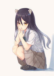 Rule 34 | 1girl, animal ears, bad id, bad pixiv id, black footwear, black hair, brown skirt, brown socks, commentary, finger to mouth, green neckwear, hair between eyes, highres, long hair, looking at viewer, multicolored hair, princess connect!, shiori (princess connect!), shirt, sidelocks, simple background, skirt, socks, solo, white background, white hair, white shirt, yellow eyes, yui081