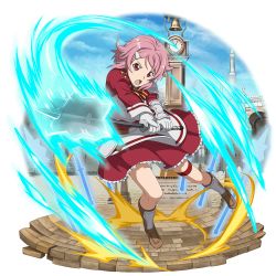 Rule 34 | 1girl, apron, armor, boots, breastplate, brown footwear, clock, clock tower, freckles, frilled skirt, frills, full body, gloves, grey gloves, hair ornament, hairclip, highres, holding, holding weapon, knee boots, lisbeth (sao), long sleeves, miniskirt, neck ribbon, official art, open mouth, outdoors, pink hair, red eyes, red shirt, red skirt, ribbon, shirt, short hair, skirt, solo, striped ribbon, sword art online, thigh strap, tower, transparent background, waist apron, weapon, white apron, white armor