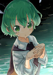 Rule 34 | 1girl, antennae, black cape, breasts, cape, collared shirt, green eyes, green hair, highres, holding own arm, long sleeves, looking at viewer, shirt, short hair, simple background, sleeves pushed up, small breasts, solo, touhou, upper body, usayoshi (touhopu2), water drop, water surface, wet, wet clothes, white shirt, wriggle nightbug