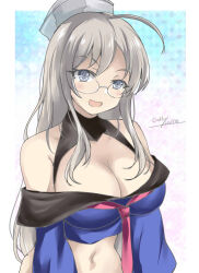 Rule 34 | 1girl, adapted costume, ahoge, blue shirt, breasts, cleavage, gakky, gradient background, grey hair, headgear, heywood l. edwards (kancolle), kantai collection, large breasts, long hair, long sleeves, looking at viewer, midriff, neckerchief, off-shoulder shirt, off shoulder, one-hour drawing challenge, pink neckerchief, school uniform, serafuku, shirt, solo
