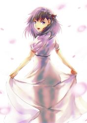 Rule 34 | 1girl, :d, absurdres, dress, fate/stay night, fate (series), floating hair, from behind, hair ribbon, highres, long dress, long hair, looking at viewer, looking back, matou sakura, official alternate costume, open mouth, purple eyes, purple hair, red ribbon, rei no himo, ribbon, see-through silhouette, short sleeves, skirt hold, smile, solo, sundress, tsugu0302, white background, white dress