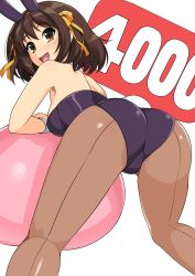 Rule 34 | 1girl, :d, animal ears, ass, black leotard, breasts, brown eyes, brown hair, commentary request, fake animal ears, fake tail, from behind, hair between eyes, hair ribbon, hairband, haruhisky, highres, leotard, looking at viewer, looking back, medium breasts, open mouth, orange hairband, orange ribbon, pantyhose, playboy bunny, rabbit ears, rabbit tail, ribbon, short hair, simple background, smile, solo, suzumiya haruhi, suzumiya haruhi no yuuutsu, tail, teeth, upper teeth only, white background, wrist cuffs