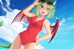 Rule 34 | 1girl, adjusting eyewear, arm up, blue sky, blush, breasts, brown eyes, cleavage, cloud, collarbone, commentary, covered navel, day, diamond-shaped pupils, diamond (shape), draco centauros, dragon girl, dragon horns, dragon tail, dragon wings, eyewear on head, fangs, green hair, hand on own hip, highres, horns, instanz573, large breasts, lips, looking at viewer, ocean, one-piece swimsuit, open mouth, outdoors, pointy ears, puyopuyo, red one-piece swimsuit, shiny skin, short hair, sky, smile, solo, sunglasses, swept bangs, swimsuit, symbol-shaped pupils, tail, teeth, upper teeth only, wings