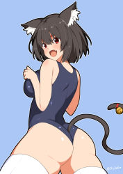 Rule 34 | 1girl, animal ear fluff, animal ears, ass, azur lane, bell, black hair, blue background, blush, breasts, cat ears, cat tail, fang, from behind, hair between eyes, hands up, jingle bell, large breasts, looking at viewer, looking back, one-piece swimsuit, open mouth, red eyes, school swimsuit, short hair, simple background, skylader, solo, standing, swimsuit, tail, tail bell, tail ornament, thick thighs, thighhighs, thighs, twitter username, white thighhighs, yamashiro (azur lane), yamashiro (summer offensive?) (azur lane)