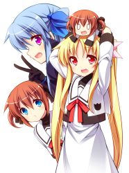 Rule 34 | 4girls, blonde hair, blue eyes, blue hair, blush, brown hair, chibi, dual persona, fang, fate testarossa, gloves, long hair, long sleeves, lyrical nanoha, mahou shoujo lyrical nanoha, mahou shoujo lyrical nanoha a&#039;s, mahou shoujo lyrical nanoha a&#039;s portable: the battle of aces, levi the slasher, multiple girls, open mouth, purple eyes, red eyes, ribbon, school uniform, short twintails, smile, takamachi nanoha, teruui, twintails, v, white background