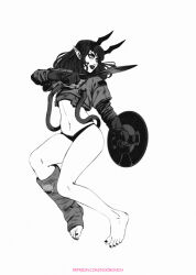 Rule 34 | 1girl, black lips, black nails, cable, crop top, demon horns, feet, fighting stance, gloves, hand up, highres, holding, holding shield, holding sword, holding weapon, horns, ibrahem swaid, knees, layered sleeves, leg cast, long hair, long sleeves, looking to the side, makeup, midriff, nail polish, navel, nose, original, panties, parted lips, patreon username, pointy ears, shield, short over long sleeves, short sleeves, short sword, simple background, solo, sticker, stomach, swept bangs, sword, teeth, thighs, toenail polish, toenails, toes, underwear, watermark, weapon, web address