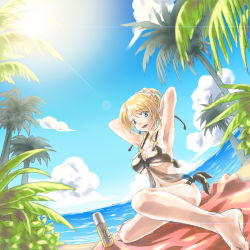 Rule 34 | 10s, 1girl, armpits, arms up, ayase eli, barefoot, beach, bikini, blonde hair, blue eyes, breasts, day, large breasts, long hair, love live!, love live! school idol project, mystic9904, ocean, palm tree, solo, swimsuit, tree, underboob