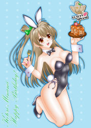 Rule 34 | 1girl, animal ears, aqua background, artist name, artist request, bare legs, bare shoulders, black footwear, black high heels, blush, breasts, brown eyes, cake, collarbone, collared dress, dress, earrings, fake animal ears, female focus, food, fork, full body, grey hair, high heels, highres, holding, holding fork, holding plate, jewelry, leotard, long hair, looking at viewer, love live!, love live! school idol project, medium breasts, minami kotori, nail polish, nails, parted lips, pink nails, plate, playboy bunny, polka dot, polka dot background, rabbit ears, reonaru ryu, smile, solo