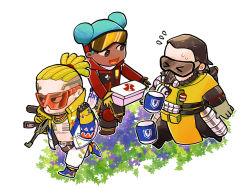 Rule 34 | 1girl, 2boys, apex legends, beard, black hair, black pants, blonde hair, blue footwear, blue hair, brown eyes, caustic (apex legends), chain, chest tattoo, chibi, cornrows, crypto (apex legends), facial hair, first aid kit, gas mask, gloves, goggles, goggles on head, gold chain, green gloves, gun, hair behind ear, highres, holding, holding gun, holding weapon, hype beast crypto, jacket, lifeline (apex legends), mask, mei (611kcal), multiple boys, official alternate costume, open mouth, pants, r-99 smg, red jacket, shoes, smile, sneakers, submachine gun, sunglasses, tattoo, vital signs lifeline, walking, weapon, white jacket, white pants