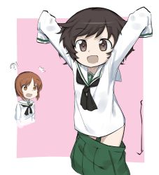 Rule 34 | !?, 10s, ^^^, aged down, akiyama yukari, arms up, arrow (symbol), black neckerchief, blouse, brown eyes, brown hair, clothes pull, commentary, cowboy shot, cropped torso, english commentary, fankupl, girls und panzer, green skirt, highres, long sleeves, looking to the side, messy hair, miniskirt, neckerchief, nishizumi miho, ooarai school uniform, open mouth, outside border, oversized clothes, pants falling, pink background, pleated skirt, school uniform, serafuku, shirt, skirt, skirt pull, sleeves past wrists, smile, standing, surprised, wardrobe malfunction, white shirt