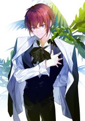 Rule 34 | 1boy, arm behind back, artist name, black bow, bow, bowtie, closed mouth, ensemble stars!, formal, hand on own chest, jacket, jacket on shoulders, looking at viewer, male focus, plant, purple eyes, short hair, smile, solo, suit, sukja, suou tsukasa, vest