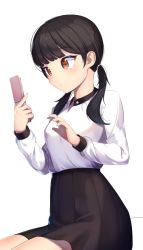 Rule 34 | 1girl, black hair, black skirt, blush, breasts, brown eyes, cellphone, commentary, commission, holding, holding phone, jungki dr, long hair, long sleeves, original, phone, pleated skirt, shirt, simple background, sitting, skirt, small breasts, solo, twintails, white background, white shirt