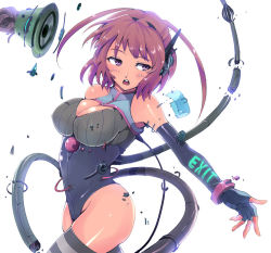Rule 34 | 1girl, backlighting, bare shoulders, blush, bracelet, bracer, breasts, brown hair, cable, cleavage, cleavage cutout, clothes writing, clothing cutout, damaged, elbow gloves, english text, fingerless gloves, from side, glint, gloves, grey thighhighs, groin, halterneck, headset, jewelry, kasai shin, large breasts, leotard, looking to the side, open mouth, original, outstretched arm, plugsuit, purple eyes, short hair, simple background, solo, striped clothes, striped thighhighs, tan, thighhighs, turtleneck, two side up, white background, wire
