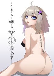 Rule 34 | 1girl, aa-12 (girls&#039; frontline), absurdres, ahoge, ass, back, back tattoo, black bra, blue eyes, blunt bangs, bottomless, bra, candy, commentary request, crescent tattoo, ear piercing, eye tattoo, feet out of frame, flower tattoo, food, food in mouth, girls&#039; frontline, grey hair, hair ornament, highres, lollipop, long hair, looking at viewer, looking back, piercing, seiza, simple background, sitting, solo, spider tattoo, spider web tattoo, star (symbol), star hair ornament, star tattoo, tattoo, tongue, tongue out, tongue piercing, underwear, white background, yin yang tattoo, yonao