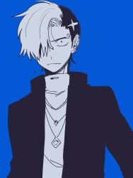 Rule 34 | 1boy, blue background, constricted pupils, ear piercing, eyebrow piercing, frown, hair over one eye, high collar, highres, jacket, jewelry, maco22, male focus, necklace, original, piercing, solo, undercut