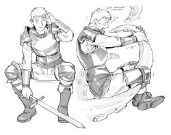 Rule 34 | 1boy, absurdres, arm up, armor, boots, bracer, closed mouth, commentary, dungeon meshi, english commentary, english text, full body, greyscale, hands up, highres, holding, holding sword, holding tentacle, holding weapon, laios touden, long sleeves, looking at viewer, male focus, monochrome, multiple views, one eye closed, pants, pauldrons, poleyn, quietgom, rubbing eyes, short hair, shoulder armor, simple background, sitting, suction cups, sword, tentacles, very short hair, weapon, white background