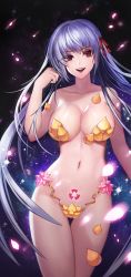 Rule 34 | 1girl, absurdres, breasts, cleavage, collarbone, cowboy shot, euna, fate/grand order, fate (series), hair ornament, hand in own hair, highres, kama (fate), kama (third ascension) (fate), large breasts, long hair, looking at viewer, navel, parted lips, pubic tattoo, purple hair, red eyes, smile, solo, tattoo, thighs