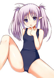 Rule 34 | 00s, 1girl, bare shoulders, collarbone, finger to mouth, jangif, long hair, looking at viewer, one-piece swimsuit, pointy ears, primula, purple eyes, school swimsuit, shuffle!, silver hair, simple background, sitting, solo, spread legs, swimsuit, thighs, twintails, white background