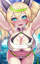 Rule 34 | 1girl, armpits, bikini, blonde hair, blue eyes, blurry, blush, breasts, collarbone, day, depth of field, gene (pso2), green hair, hair between eyes, head tilt, highres, large breasts, leaning forward, long hair, looking at viewer, navel, outdoors, outstretched arms, parted lips, phantasy star, phantasy star online 2, rock, samael (5211), smile, solo, striped, sunlight, swimsuit, thigh gap, twintails, water, wet