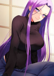 Rule 34 | 1girl, absurdres, black sweater, blue pants, breasts, denim, fate/hollow ataraxia, fate (series), glasses, highres, jeans, large breasts, long hair, long sleeves, looking at viewer, medusa (fate), medusa (rider) (fate), pants, purple eyes, purple hair, rororo, sitting, smile, solo, sweater, very long hair