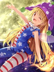 Rule 34 | 1girl, ;d, american flag dress, american flag legwear, blonde hair, breasts, clownpiece, dutch angle, fairy wings, fang, fire, frilled shirt collar, frills, hat, izuru, jester cap, long hair, looking at viewer, moon, neck ruff, one eye closed, open mouth, outstretched arm, pantyhose, polka dot, red eyes, shirt, short sleeves, sky, small breasts, smile, solo, star (sky), star (symbol), star print, starry sky, striped clothes, striped pantyhose, torch, touhou, very long hair, wings