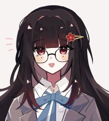 Rule 34 | 1girl, :d, blazer, blue ribbon, blush, brown hair, collared shirt, glasses, grey jacket, hair ornament, hairclip, highres, honkai: star rail, honkai (series), jacket, long bangs, long hair, looking at viewer, neck ribbon, notice lines, open clothes, open jacket, open mouth, pink eyes, portrait, ribbon, school uniform, shirt, simple background, smile, solo, sparkle (honkai: star rail), straight-on, straight hair, tyako gsn, white background, white shirt