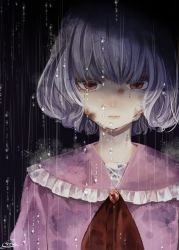 Rule 34 | 1girl, ascot, bad id, bad pixiv id, black background, blue hair, bob cut, brooch, commentary request, dark, dress, eyes in shadow, frilled shirt collar, frills, half-closed eyes, highres, jewelry, looking at viewer, no headwear, pink dress, rain, red ascot, red eyes, remilia scarlet, shaded face, short hair, signature, solo, souta (karasu no ouchi), touhou, upper body, water drop, wet