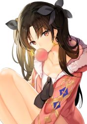 Rule 34 | 1girl, bare legs, bow, brown hair, blowing bubbles, chewing gum, commentary request, earrings, fate/grand order, fate (series), fur trim, grey bow, hair bow, highres, hood, hood down, hooded jacket, hoop earrings, ishtar (fate), jacket, jewelry, looking at viewer, parted bangs, pink jacket, red eyes, sibyl, simple background, sitting, solo, two side up, white background