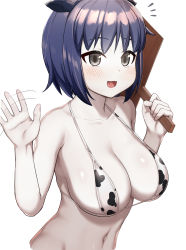 Rule 34 | 1girl, absurdres, animal ears, animal print, bikini, black eyes, blue hair, blush, breasts, cleavage, colored skin, commentary request, cookie (touhou), cow ears, cow print, cowboy shot, cropped torso, highres, holding, holding sign, large breasts, looking at viewer, milk (cookie), murasa minamitsu, navel, notice lines, open mouth, print bikini, revision, short hair, sign, simple background, sinzen, smile, solo, swimsuit, touhou, waving, white background, white skin