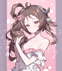 Rule 34 | 1girl, ahoge, animal ears, arknights, beudelb, bikini, breasts, brown hair, character name, cleavage, closed mouth, collarbone, eyjafjalla (arknights), eyjafjalla (summer flower) (arknights), hair rings, hands in hair, highres, horns, light particles, long hair, looking at viewer, off-shoulder bikini, off shoulder, official alternate costume, pink background, pink bikini, plaid, plaid bikini, purple eyes, sheep ears, sheep girl, sheep horns, side ponytail, small breasts, solo, swimsuit, upper body