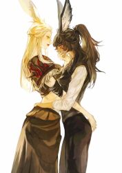 Rule 34 | 2girls, absurdres, animal ear fluff, animal ears, armband, armor, black pants, blonde hair, blush, brown hair, brown skirt, brown vest, covered mouth, covering another&#039;s mouth, cowboy shot, crop top, erfahaima, eye contact, final fantasy, final fantasy xiv, from side, fur-trimmed armor, fur trim, green eyes, half updo, hand on another&#039;s ass, hand on another&#039;s face, hand on another&#039;s waist, highres, long hair, looking at another, midriff, multiple girls, pants, parted lips, pauldrons, ponytail, profile, rabbit ears, red lips, shirt, shoulder armor, simple background, skirt, smile, standing, vest, viera, warrior of light (ff14), wavy hair, white background, white shirt, yuri